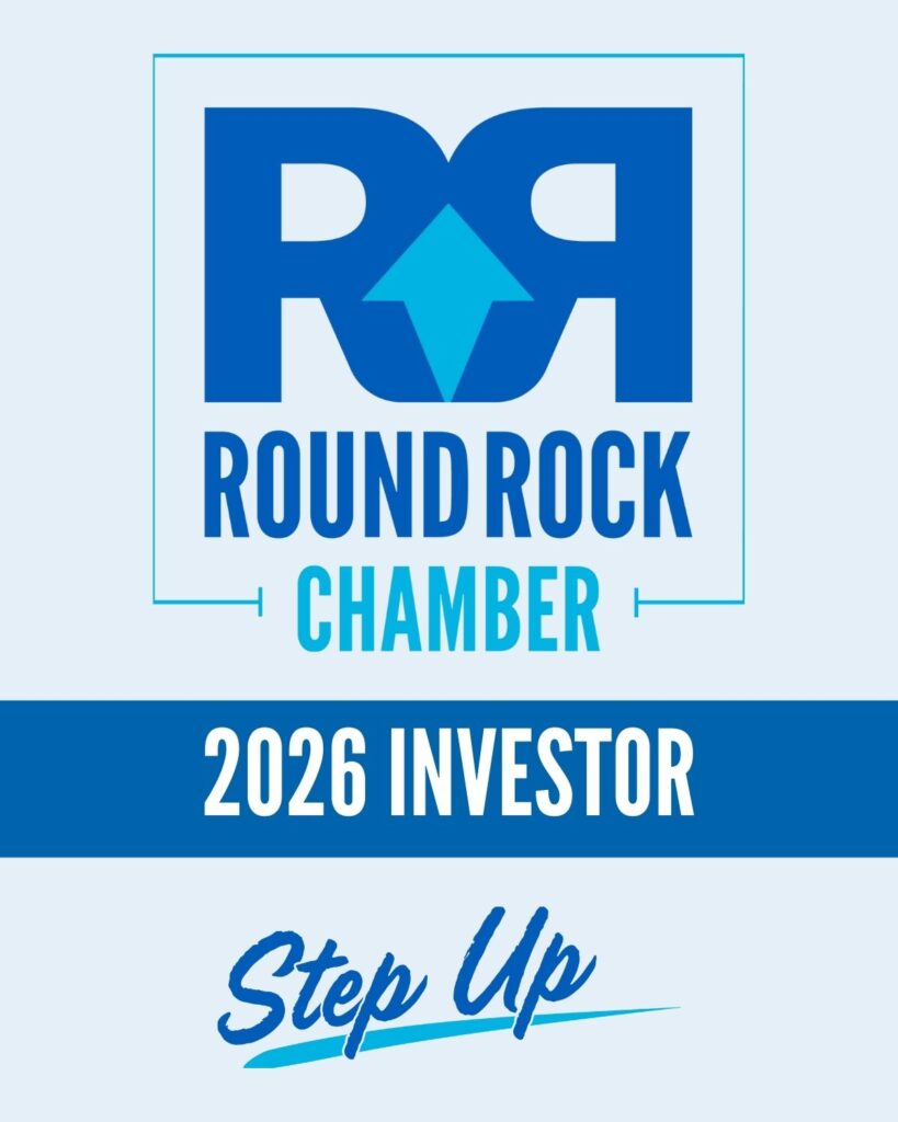 Logo for Round Rock Chamber with bold blue "RR" and upward arrow, text "ROUND ROCK CHAMBER," "2026 INVESTOR" on a blue stripe, and "Step Up" in cursive at the bottom.